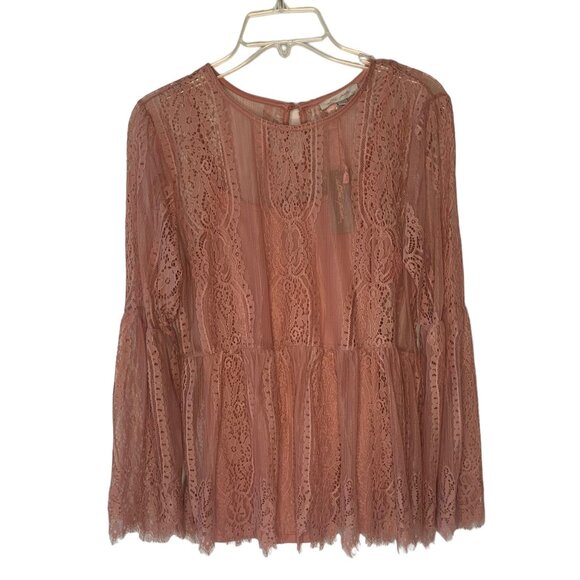 ULTRA Pink Solid Pink 100% Lace Peplum-Waist Lined Long Bell Sleeve Blouse NWT L - Picture 3 of 10